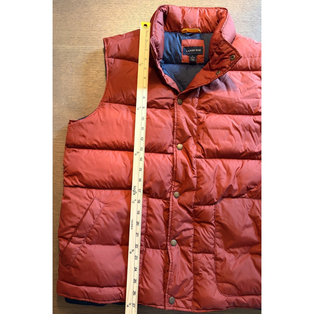 Lands End Mens Down Puffer Vest Rust Orange Navy Blue Quilted Snap Front Large - Picture 6 of 8